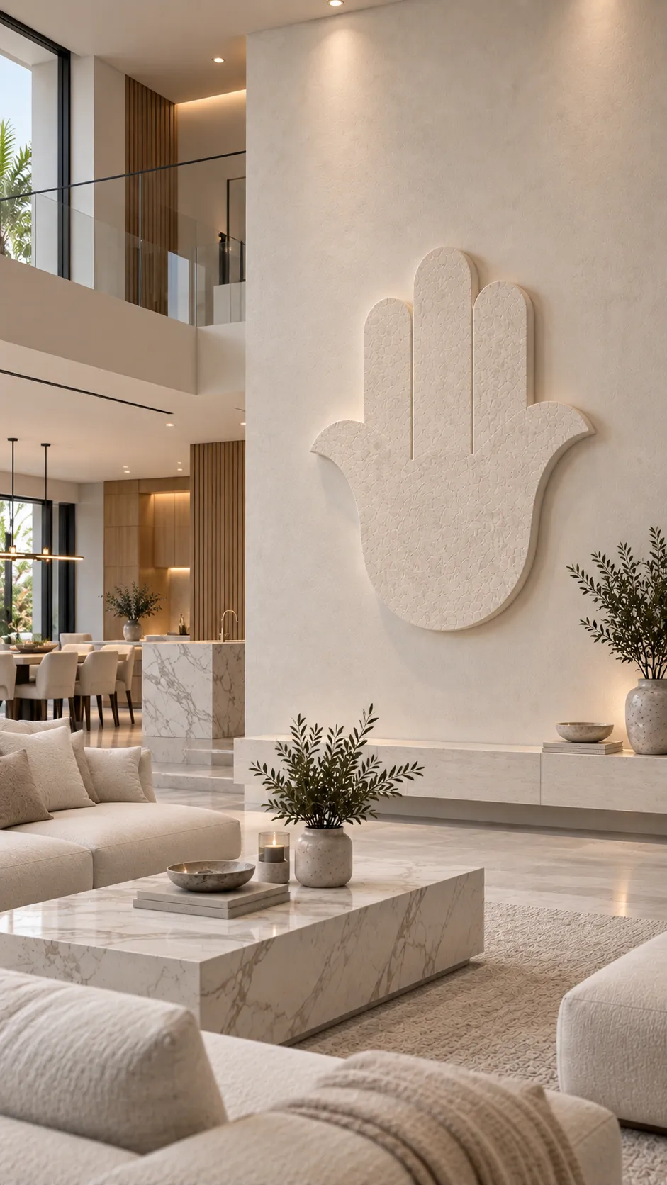 Large plaster hamsa wall installation in modern home